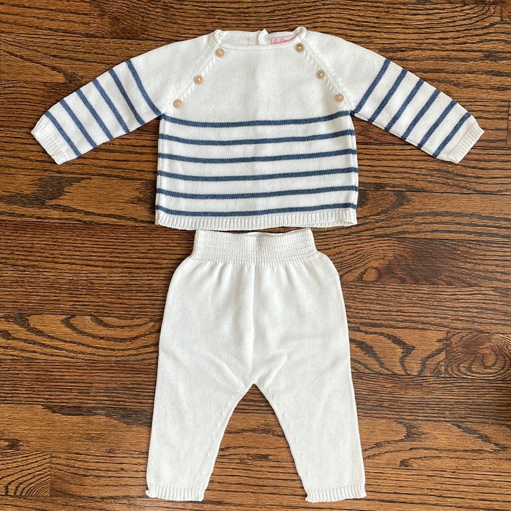 La Coqueta White and Blue Stripe Monda Baby Set Size 6M